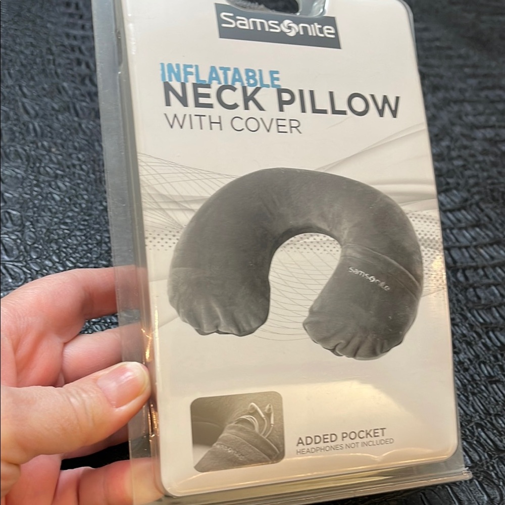 Samsonite Inflatable Neck Pillow w/Soft Grey Plush Cover -Great for Traveling